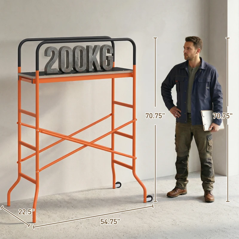 HOMCOM Scaffolding Work Platform, Rolling Scaffolding with Wheels, Scaffold for Building Construction, Orange