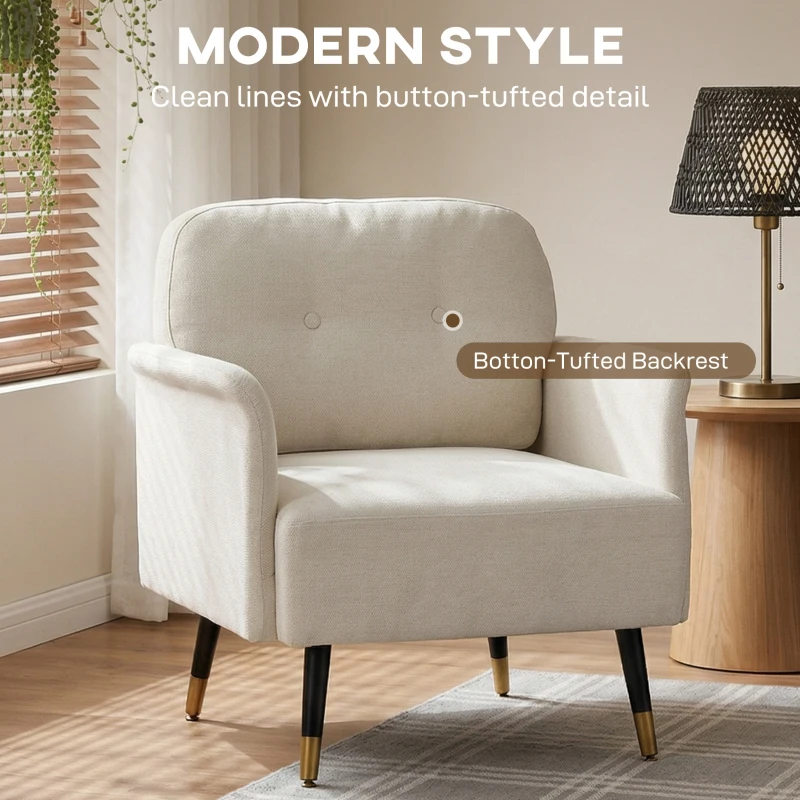 HOMCOM Accent Chair Modern Tufted with Metal Legs Upholstered Reading Armchair for Living Room Cream White