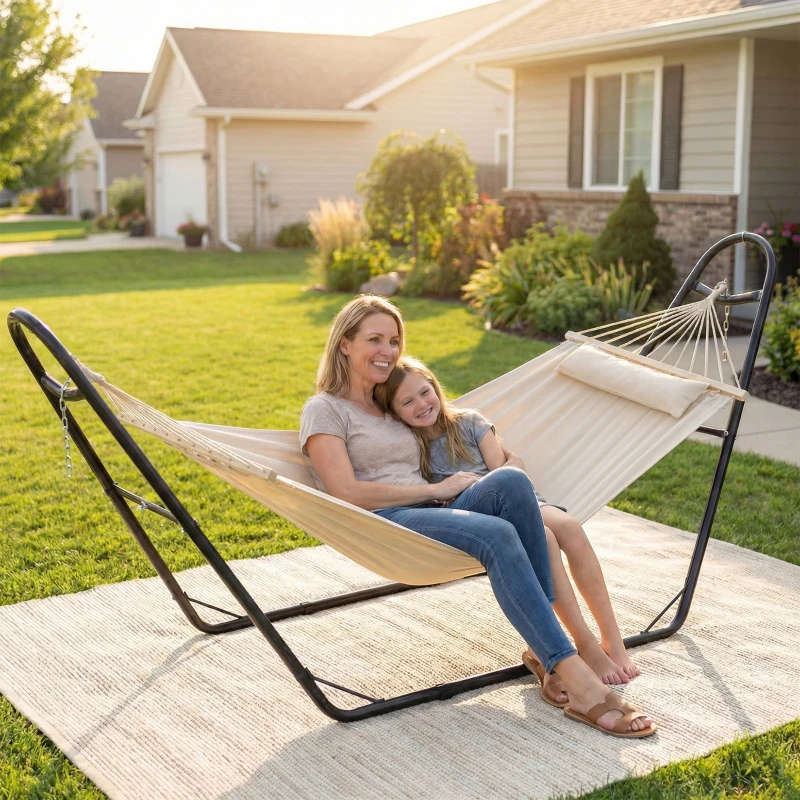 Outsunny Hammock with Stand, Heavy Duty Camping Hammock with Detachable Pillow and Spreader Bar, 264 lbs Capacity, Cream White