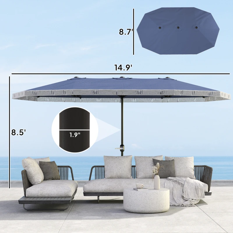 Outsunny 15ft Rectangle Patio Umbrella UPF30+ Extra Large Outdoor Umbrella with Fringe and Crank Handle, Dark Blue