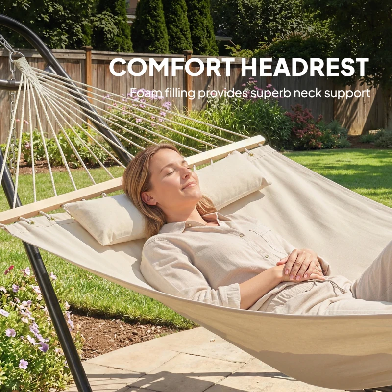 Outsunny Hammock with Stand, Heavy Duty Camping Hammock with Detachable Pillow and Spreader Bar, 264 lbs Capacity, Cream White
