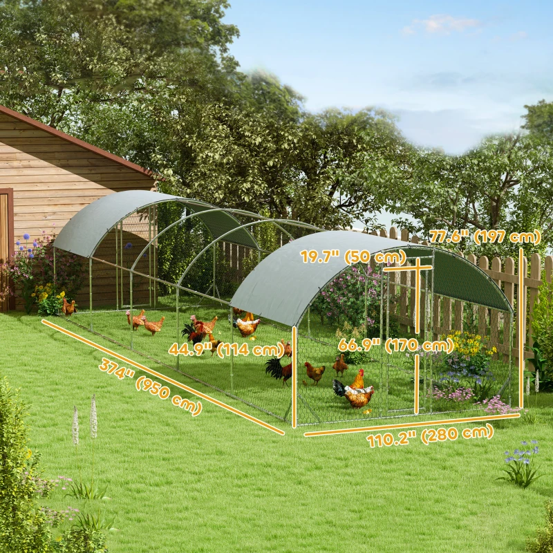 PawHut Galvanized Large Metal Chicken Coop Cage Walk-in Enclosure Poultry Hen Run House Playpen Rabbit Hutch with Cover for Outdoor Backyard 9.2' × 31.2' × 6.4'Silver