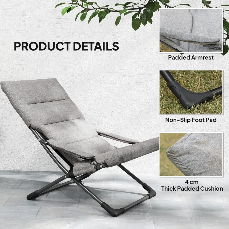 Outsunny Folding Lounge Chair, Mesh Fabric Lounger with Thick Padded Cushion and Armrest, Camping Beach Chair for Poolside, Deck, Backyard, Grey
