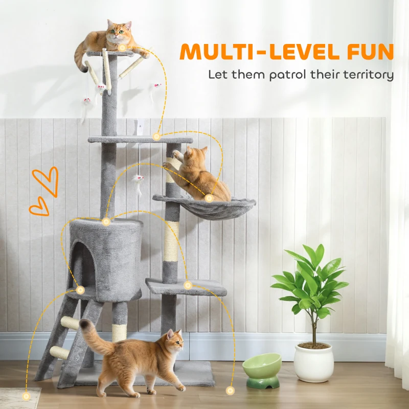 PawHut 53" Cat Tree Tower, Kitten Activity Centre with Scratching Posts, Condo, Perches, Ladder, Hammock, Dangling Toys, Grey