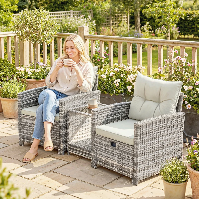 Outsunny 5 Piece Patio Furniture Set, Wicker Patio Chairs with Ottomans, 2-Tier Glass Coffee Table and Cushions, Grey/Cream White