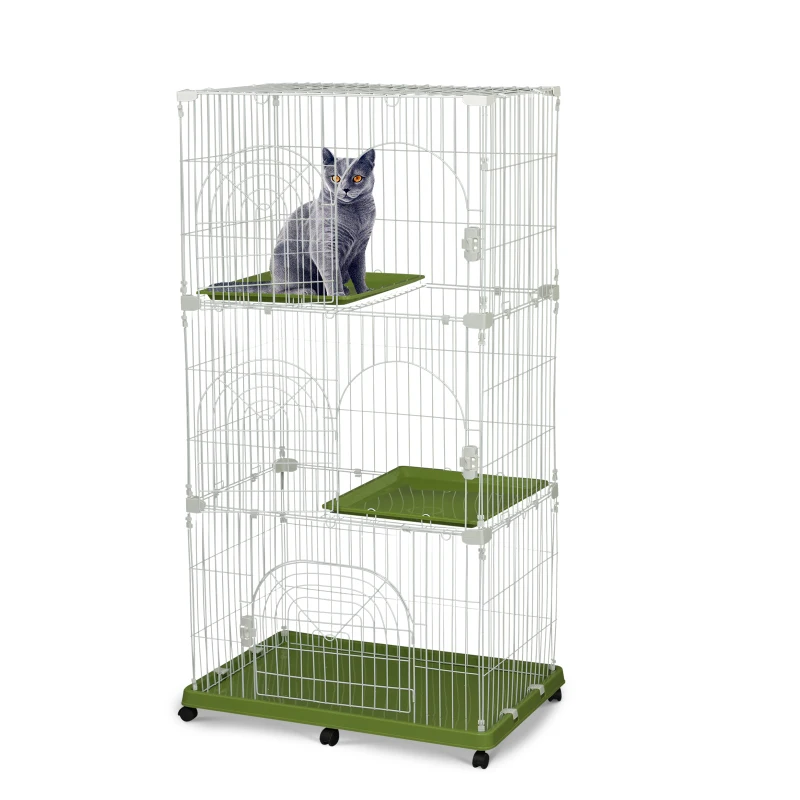 PawHut 70" 3-Level  Steel Wire Vertical Cat Condo Pet Cage - White/ Green