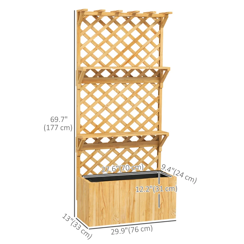 Outsunny Raised Garden Bed, Wooden Planter with Trellis, Hanging Roof, Plant Shelf, Drainage Holes and Bed Liner, Nature Wood