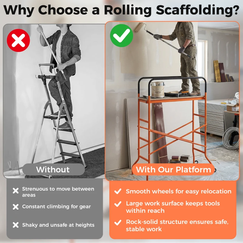 HOMCOM Scaffolding Work Platform, Rolling Scaffolding with Wheels, Scaffold for Building Construction, Orange