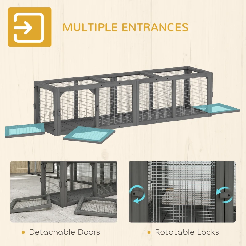 PawHut Outdoor Cat Tunnel, 59" Wooden Play Cat Enclosure, Extendable Pet Run with 3 Doors for Kitty, Puppy, Gray