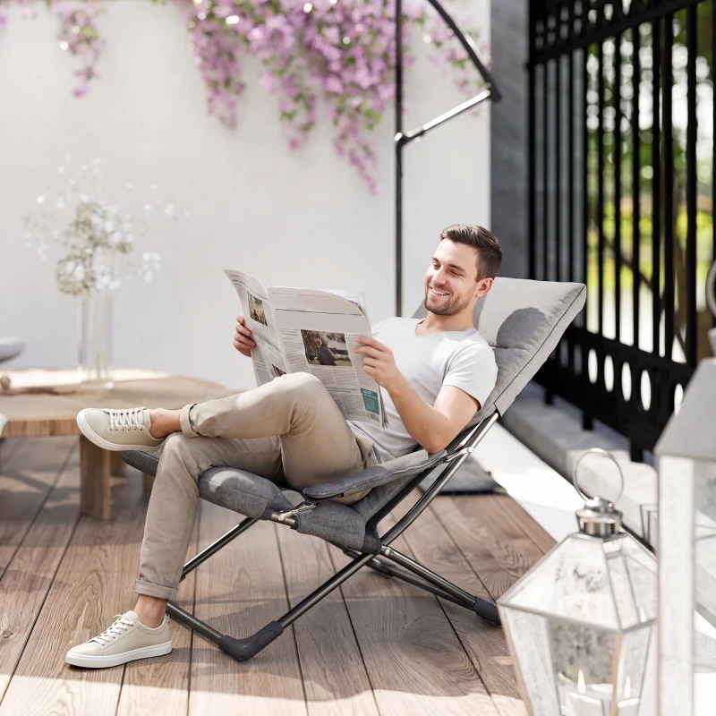 Outsunny Folding Lounge Chair, Mesh Fabric Lounger with Thick Padded Cushion and Armrest, Camping Beach Chair for Poolside, Deck, Backyard, Grey