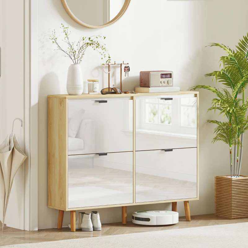 HOMCOM Narrow Shoe Cabinet, High Gloss Shoe Storage Cabinet with 4 Flip Drawers and Adjustable Shelves, Holds 20 Pairs, White