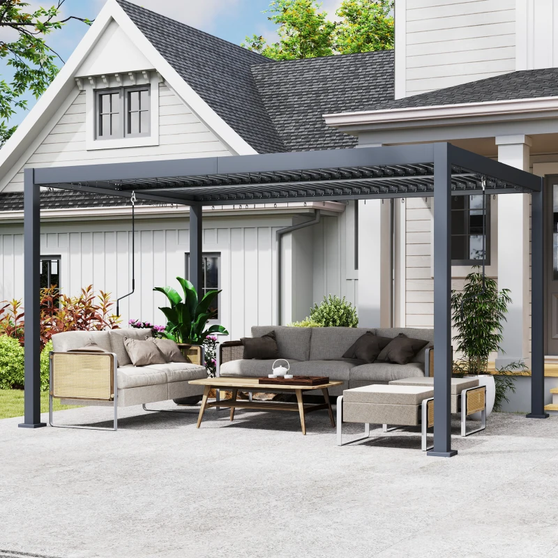 Outsunny 10' x 13' Louvered Pergola with Adjustable Metal Roof and Aluminum Frame, Outdoor Hardtop Gazebo with Drainage System