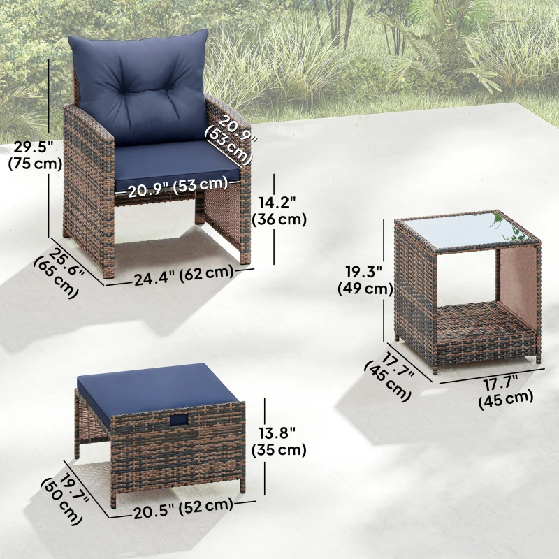 Outsunny 5 Piece Patio Furniture Set, Wicker Patio Chairs with Ottomans, 2-Tier Glass Coffee Table and Cushions, Brown/Dark Blue