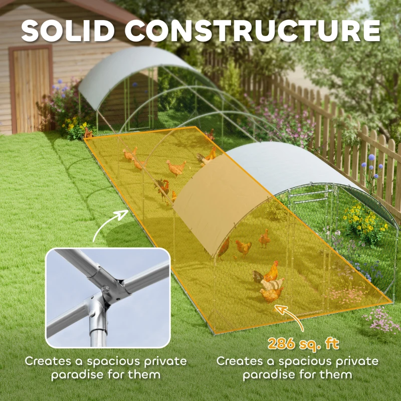 PawHut Galvanized Large Metal Chicken Coop Cage Walk-in Enclosure Poultry Hen Run House Playpen Rabbit Hutch with Cover for Outdoor Backyard 9.2' × 31.2' × 6.4'Silver