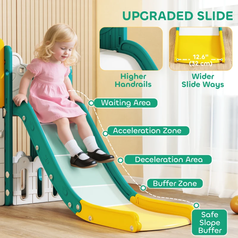 Qaba 7 in 1 Toddler Slide with Basketball Hoop, Climbing Frame, Telescope, Drawing Board, Storage Box for Ages 1-3, Yellow