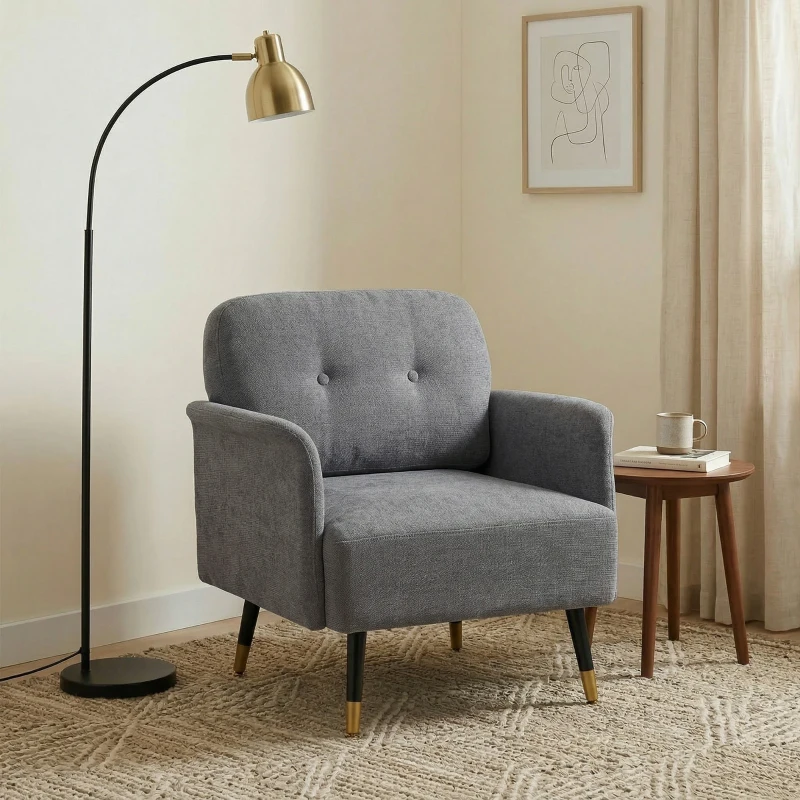 HOMCOM Accent Chair Modern Tufted with Metal Legs Upholstered Reading Armchair for Living Room Grey