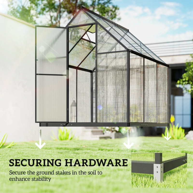 Outsunny Polycarbonate Greenhouse with Swing Door and Adjustable Window, Walk-in Greenhouse with Rain Gutter, 6 x 6.5ft, Black