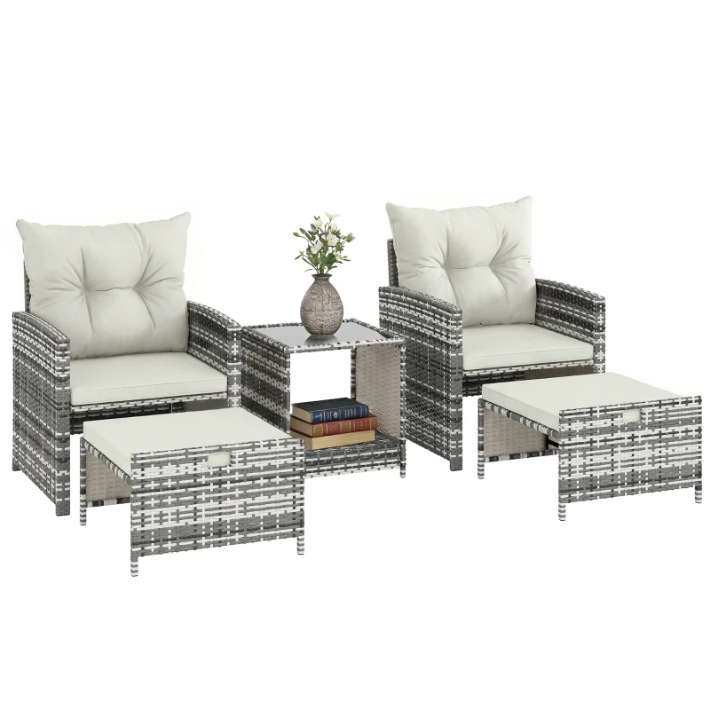 Outsunny 5 Piece Patio Furniture Set, Wicker Patio Chairs with Ottomans, 2-Tier Glass Coffee Table and Cushions, Grey/Cream White