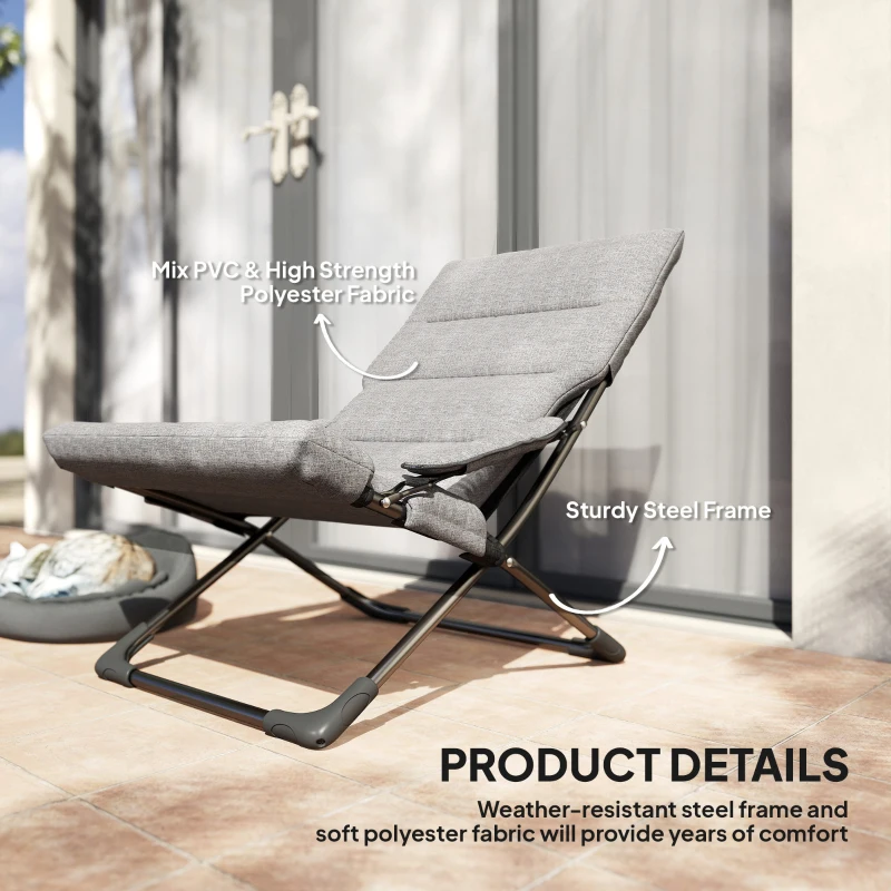 Outsunny Folding Lounge Chair, Mesh Fabric Lounger with Thick Padded Cushion and Armrest, Camping Beach Chair for Poolside, Deck, Backyard, Grey