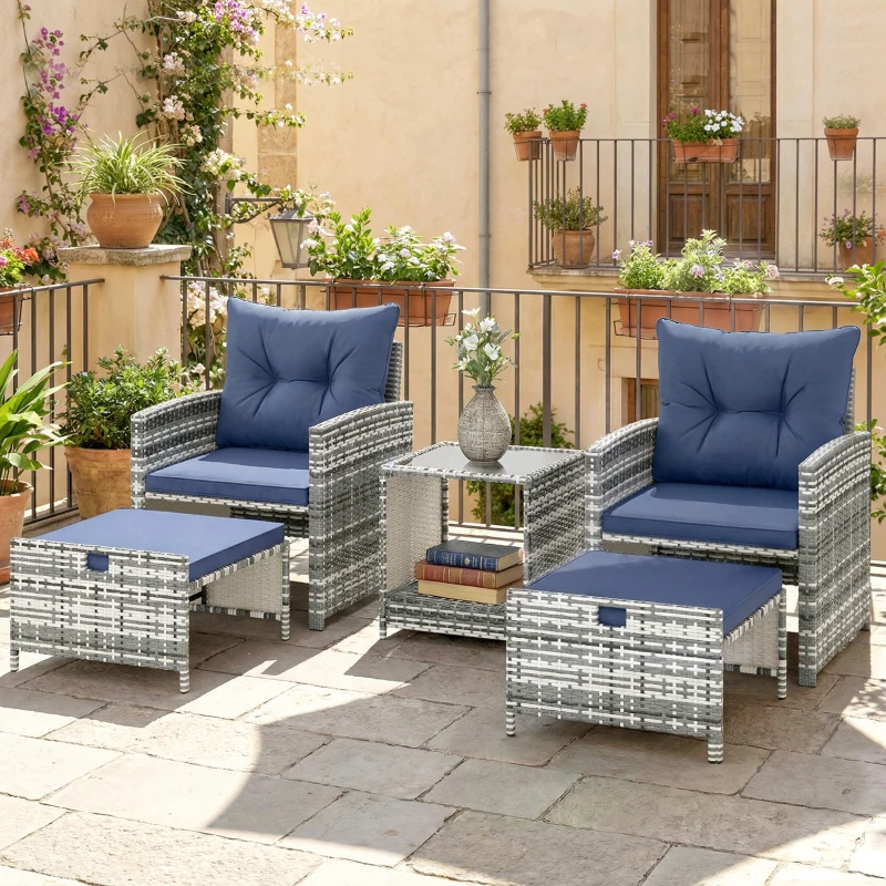 Outsunny 5 Piece Patio Furniture Set, Wicker Patio Chairs with Ottomans, 2-Tier Glass Coffee Table and Cushions, Grey/Dark Blue