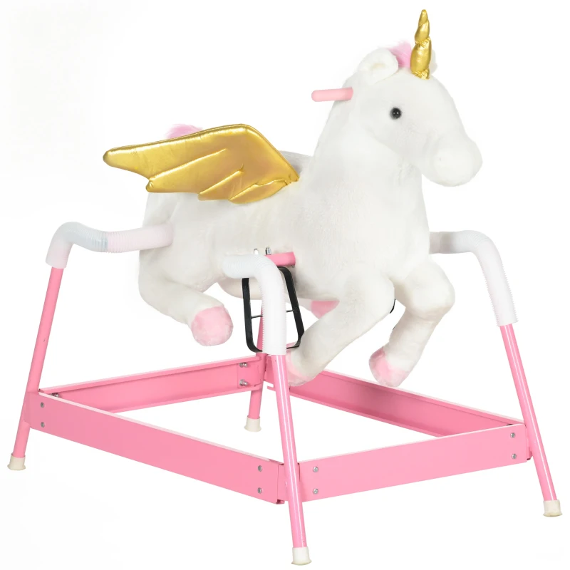 Qaba Kids Spring Rocking Horse Unicon, Ride on Horse for Girls and Boys with Animal Sounds, Plush Animal Ride-on Toy with Soft Feel, Interactive Toy for Kids, Pink