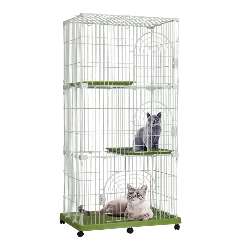 PawHut 70" 3-Level  Steel Wire Vertical Cat Condo Pet Cage - White/ Green