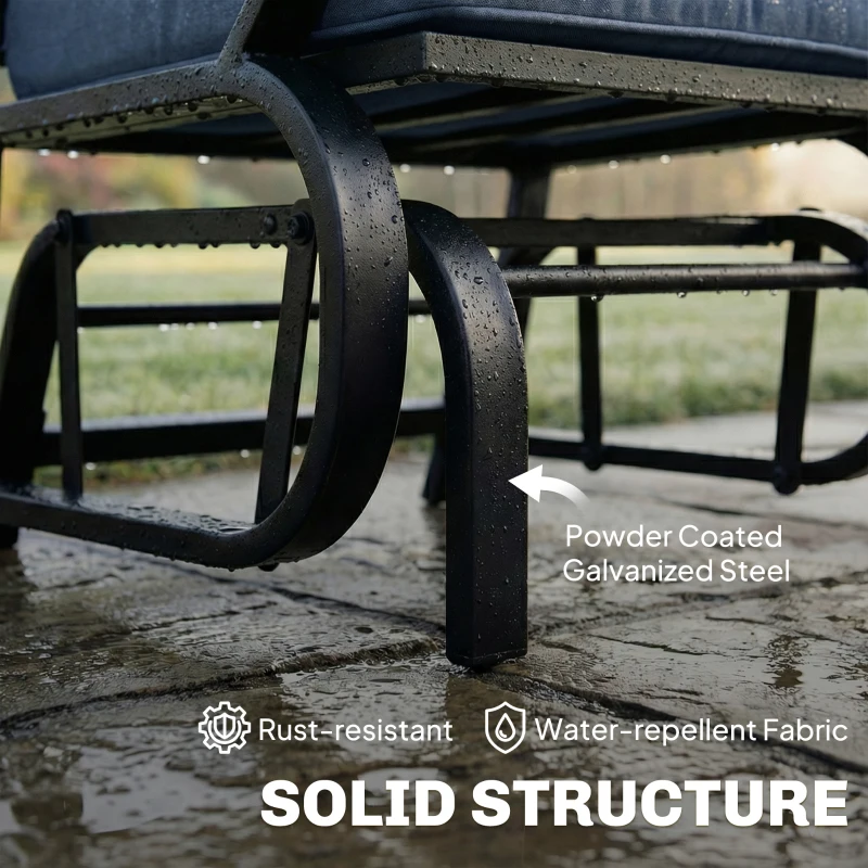 Outsunny Patio Glider, Outdoor Glider Chair with Cushions, Steel Frame, Curved Armrests, Dark Blue