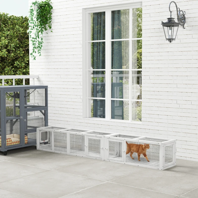 PawHut Wooden 98" Cat Tunnel for Outdoor with Combinable Design, 8 Doors, White