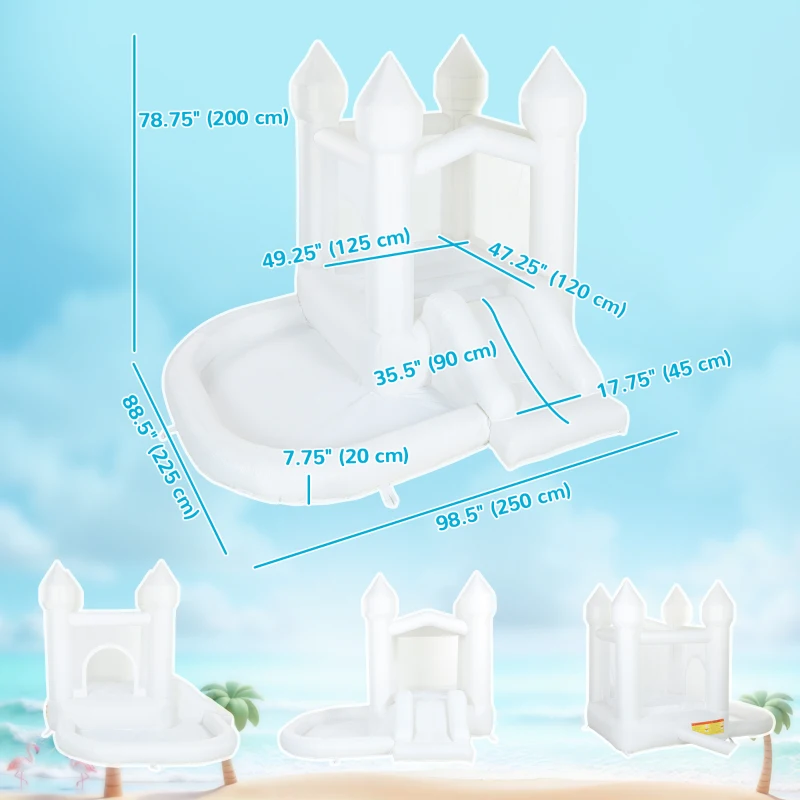 Qaba Inflatable Bouncy Castle for Kids, 3-in-1 White Bounce House with Slide, Ball Pit and 370W Blower, White