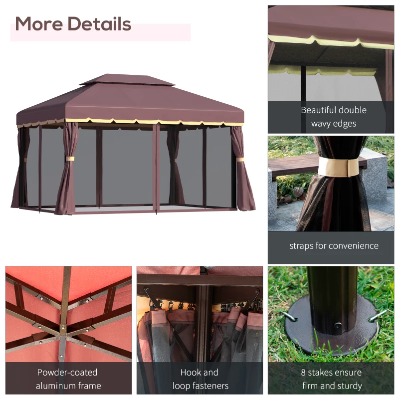 Outsunny 10' x 13' Patio Gazebo, Aluminum Frame Double Roof Outdoor Gazebo Canopy Shelter with Netting & Curtains, Coffee