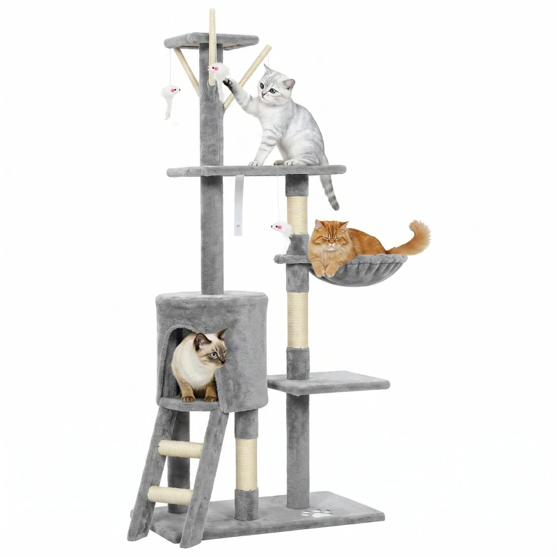 PawHut 53" Cat Tree Tower, Kitten Activity Centre with Scratching Posts, Condo, Perches, Ladder, Hammock, Dangling Toys, Grey