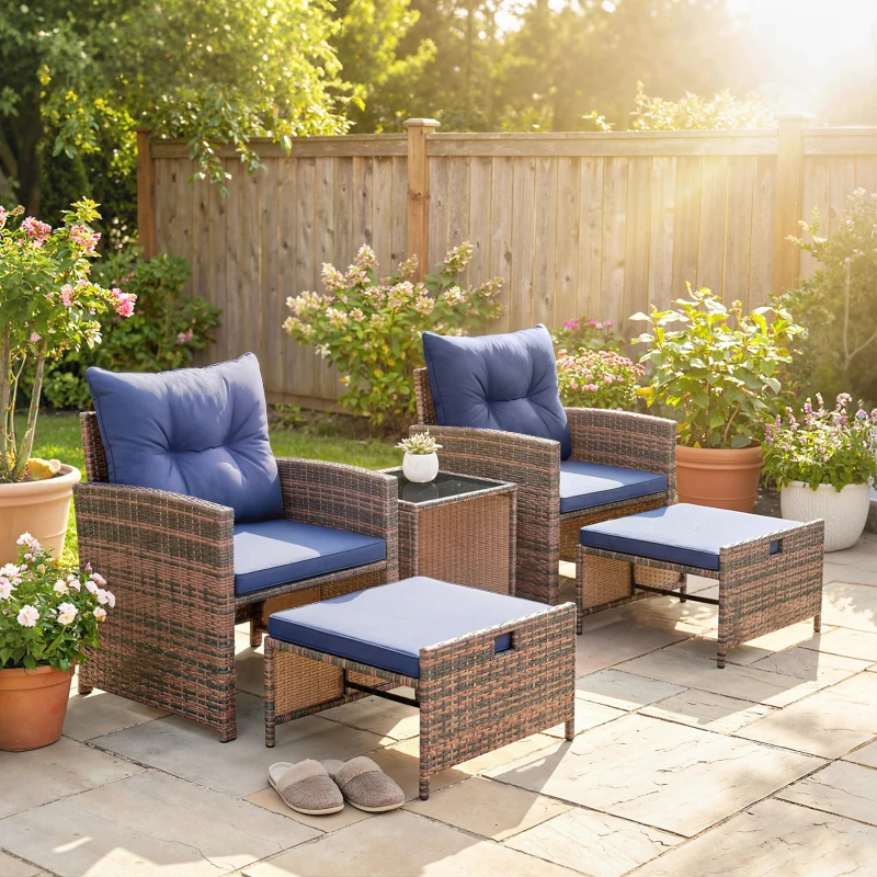 Outsunny 5 Piece Patio Furniture Set, Wicker Patio Chairs with Ottomans, 2-Tier Glass Coffee Table and Cushions, Brown/Dark Blue