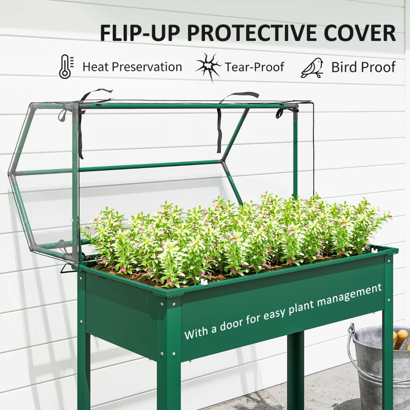 Outsunny Elevated Garden Box with Greenhouse Cover, Raised Garden Bed with Legs and Drainage Hole for Vegetables, Green
