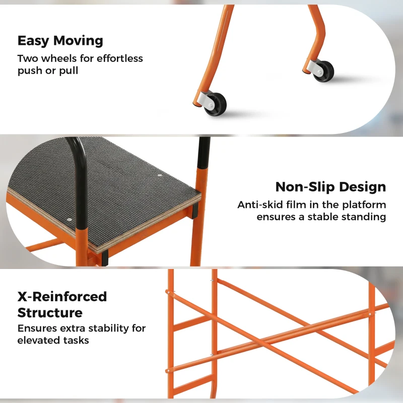 HOMCOM Scaffolding Work Platform, Rolling Scaffolding with Wheels, Scaffold for Building Construction, Orange
