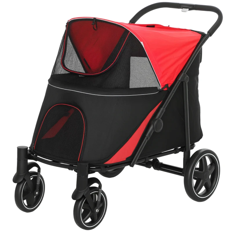 PawHut Dog Stroller for Large Medium Small Dogs up to 66 Lbs. 23.5" in Body Length, One-Click Foldable Pet Cat Stroller with Storage, Shock Absorption Wheels, Mesh Window, Safety Leash, Red