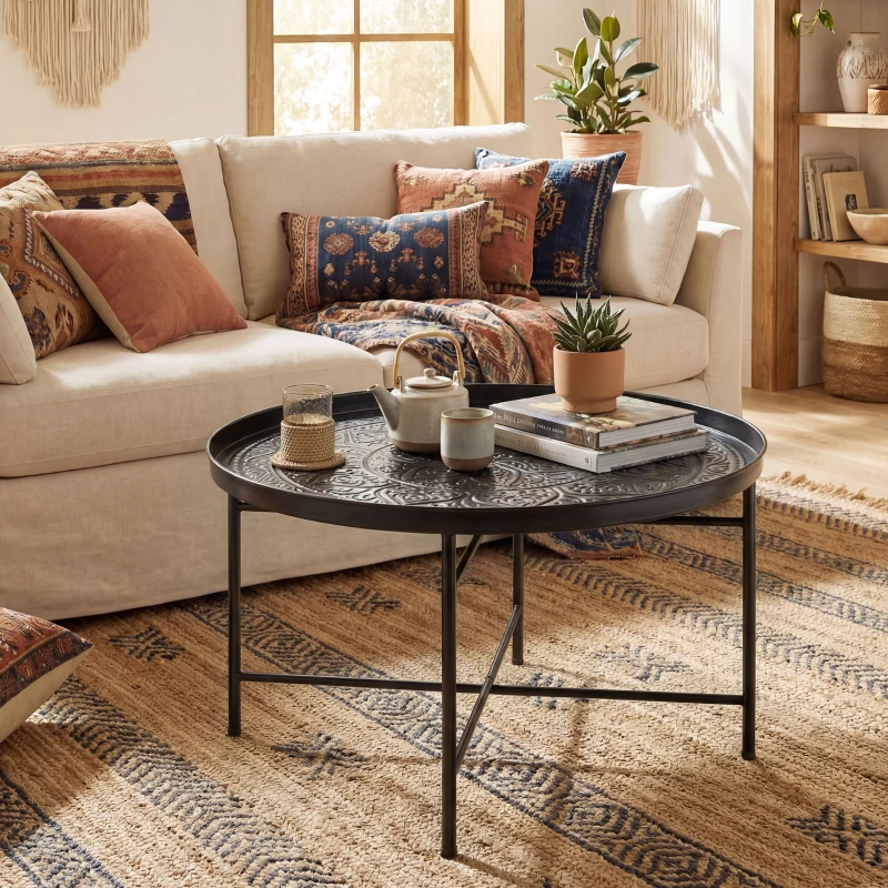 HOMCOM Coffee Table for Living Room, 24" Round Center Table with Hammered Tray Top and Metal Frame for Bedroom, Black