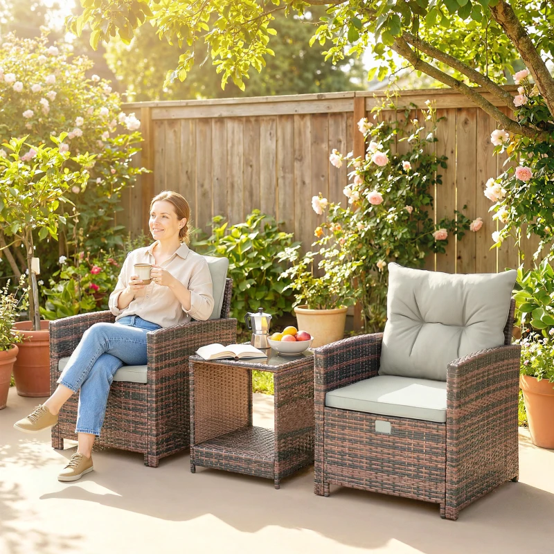 Outsunny 5 Piece Patio Furniture Set, Wicker Patio Chairs with Ottomans, 2-Tier Glass Coffee Table and Cushions, Brown/Cream