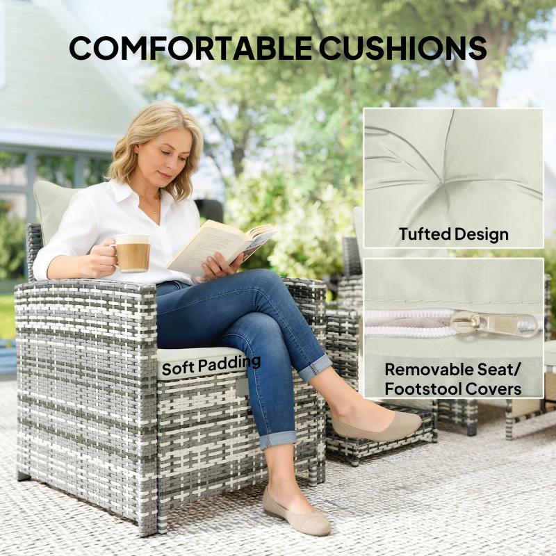 Outsunny 5 Piece Patio Furniture Set, Wicker Patio Chairs with Ottomans, 2-Tier Glass Coffee Table and Cushions, Grey/Cream White