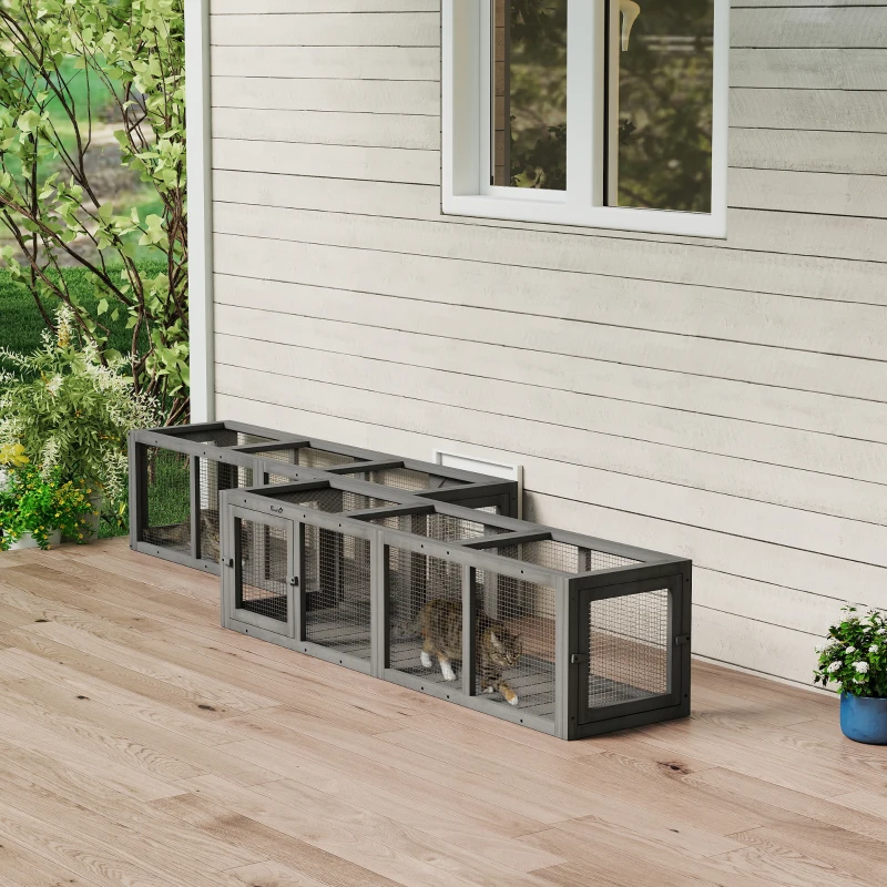 PawHut Outdoor Cat Tunnel, 59" Wooden Play Cat Enclosure, Extendable Pet Run with 3 Doors for Kitty, Puppy, Gray