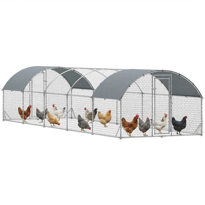 PawHut Galvanized Large Metal Chicken Coop Cage Walk-in Enclosure Poultry Hen Run House Playpen Rabbit Hutch with Cover for Outdoor Backyard 9.2' × 31.2' × 6.4'Silver