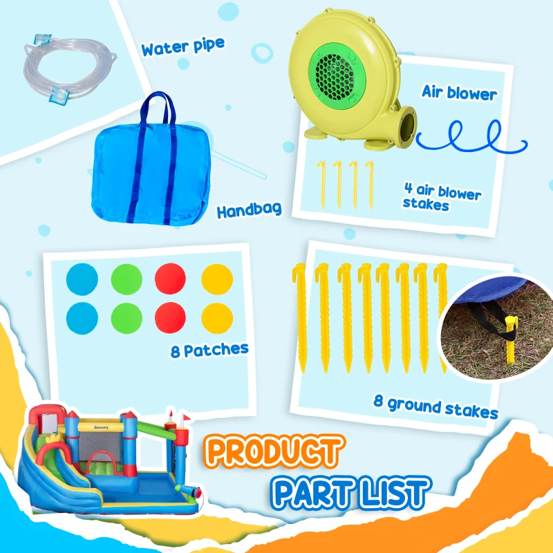 Outsunny 6-in-1 Inflatable Water Slide with Splash Pool, Slide, Climbing Wall, Water Cannon, Inflatable Bounce House for Kids with 2 Min. Inflation and Air Blower