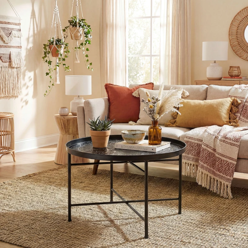 HOMCOM Coffee Table for Living Room, 24" Round Center Table with Hammered Tray Top and Metal Frame for Bedroom, Black