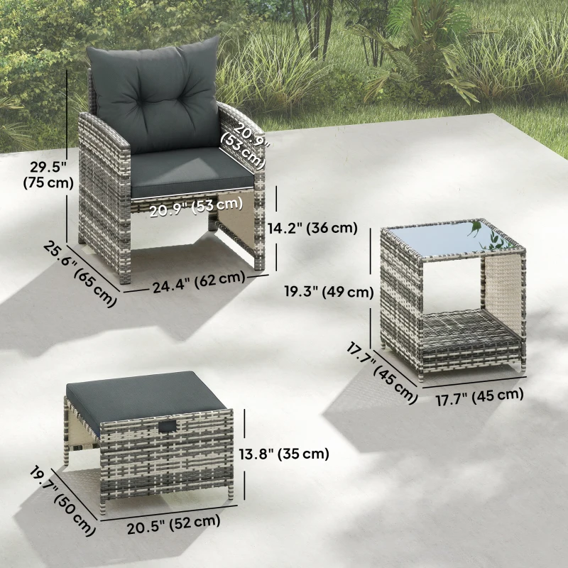 Outsunny 5 Piece Patio Furniture Set, Wicker Patio Chairs with Ottomans, 2-Tier Glass Coffee Table and Cushions, Grey/Dark Grey