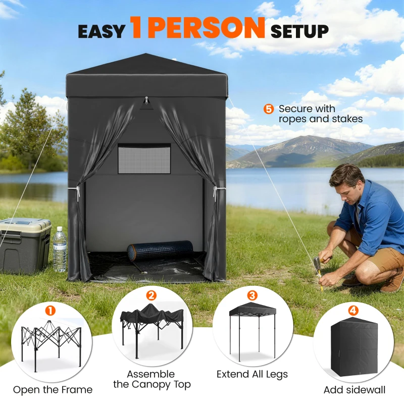Outsunny 5 x 5 ft Compact Pop Up Canopy Tent, UPF 50+ Changing Room, Portable Instant Privacy Canopy with Mesh Window, Black
