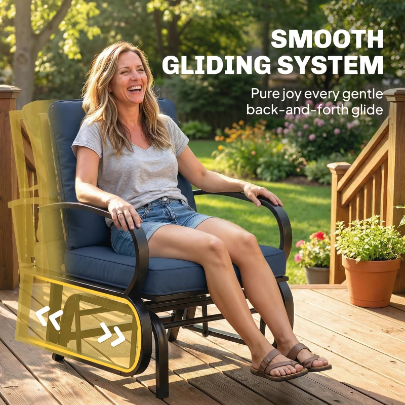 Outsunny Patio Glider, Outdoor Glider Chair with Cushions, Steel Frame, Curved Armrests, Dark Blue