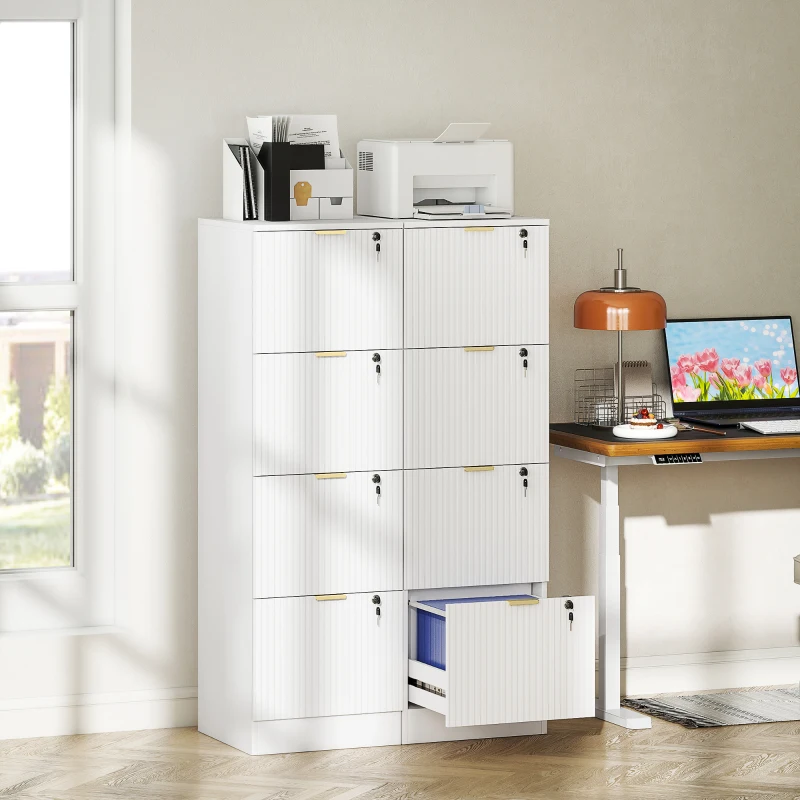HOMCOM Lockable Filing Cabinet with 4 Fluted Drawers, File Cabinet with Adjustable Hanging Rails for A4 Letter Files, White