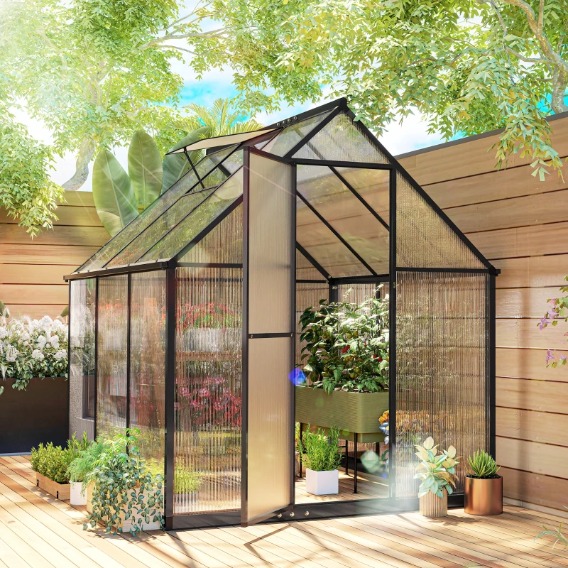 Outsunny Polycarbonate Greenhouse with Swing Door and Adjustable Window, Walk-in Greenhouse with Rain Gutter, 6 x 6.5ft, Black