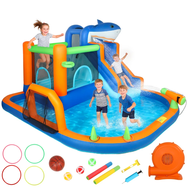 Qaba Inflatable Bounce House for Kids, Sharks Theme Jumping Bouncy Castle with Slide and Pool for Indoor Outdoor, Blue