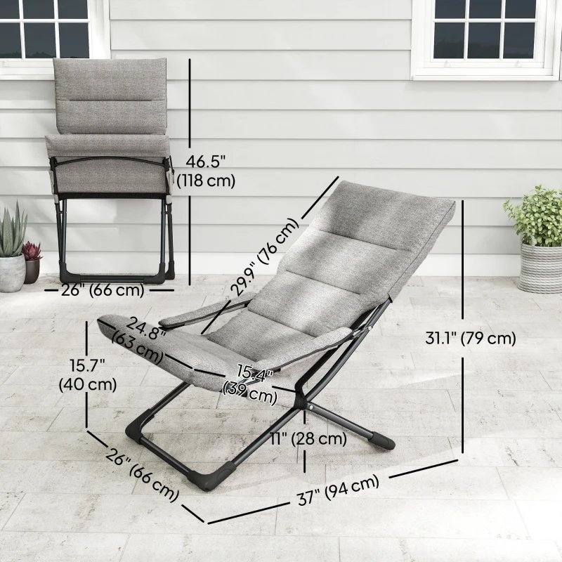 Outsunny Folding Lounge Chair, Mesh Fabric Lounger with Thick Padded Cushion and Armrest, Camping Beach Chair for Poolside, Deck, Backyard, Grey