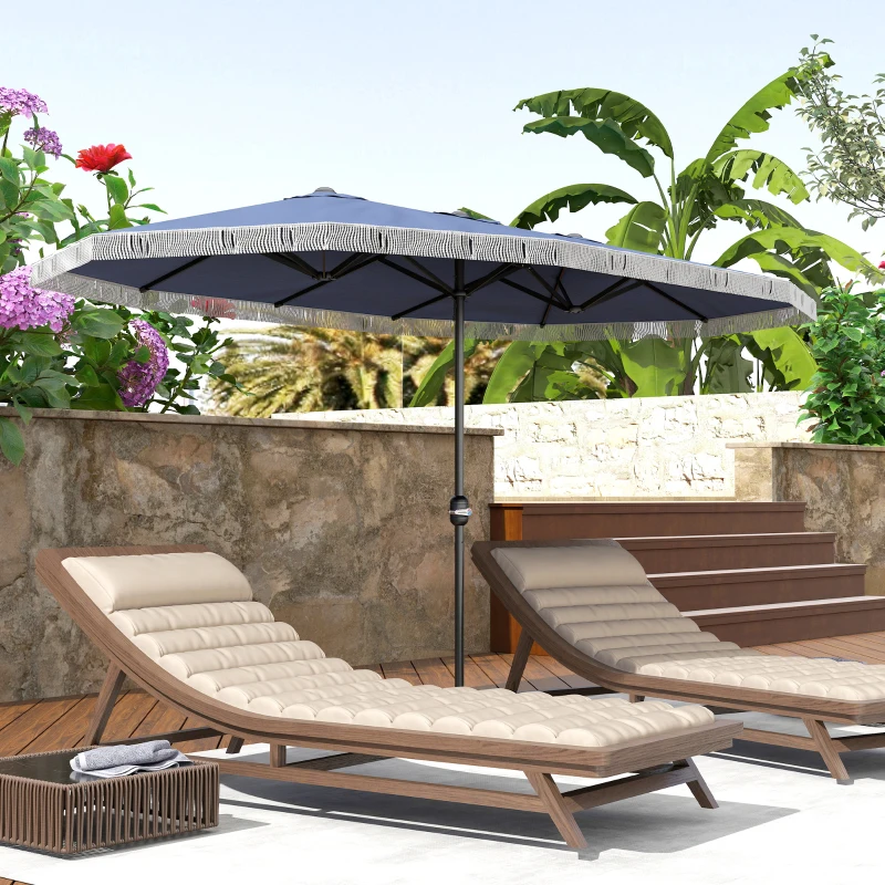 Outsunny 15ft Rectangle Patio Umbrella UPF30+ Extra Large Outdoor Umbrella with Fringe and Crank Handle, Dark Blue